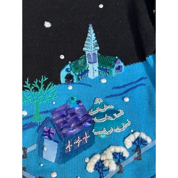 Vintage Michael Simon Event XL Holiday Village Sweater Black Blue Bead  Applique - Picture 13 of 13